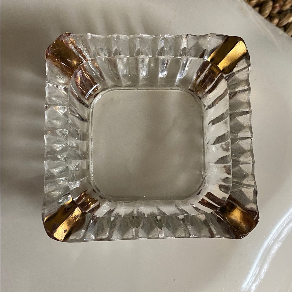 Vtg Hollywood Regency MCM Mini Clear Glass Square Ashtray Trinket Dish Gold Trim
